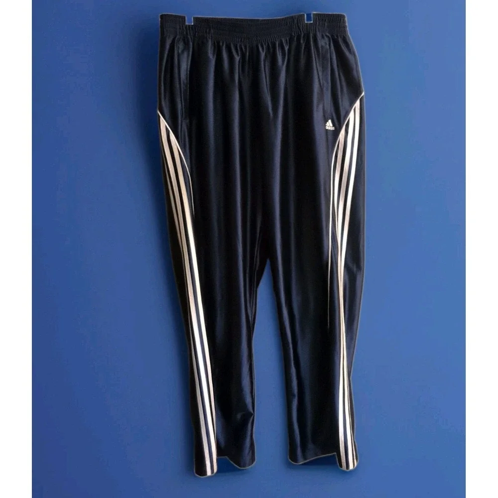 Y2K Adidas Shiny Loose Track Pants Mens 2XL Blue Elastic Waist 3 Stripe Pockets